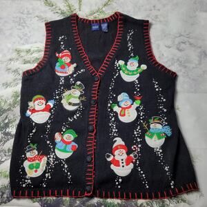Beaded Applique Snowman Sweater Vest by Basic Editions Ugly Christmas Sweater